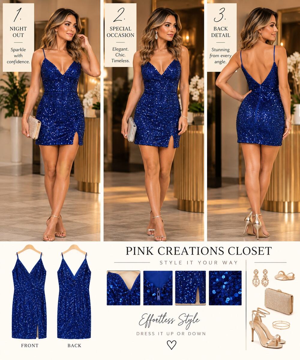 Royal Blue Sequin Mini Dress Spaghetti Strap V-Neck Party Cocktail Dress Small